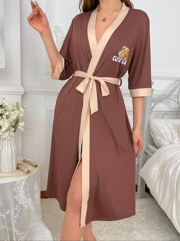 Women's Cartoon Bear Print Contrast Binding Belted Lounge Robe, Casual Drop Shoulder V Neck Half Sleeve Midi Robe, Ladies Sleepwear for Spring & Fall