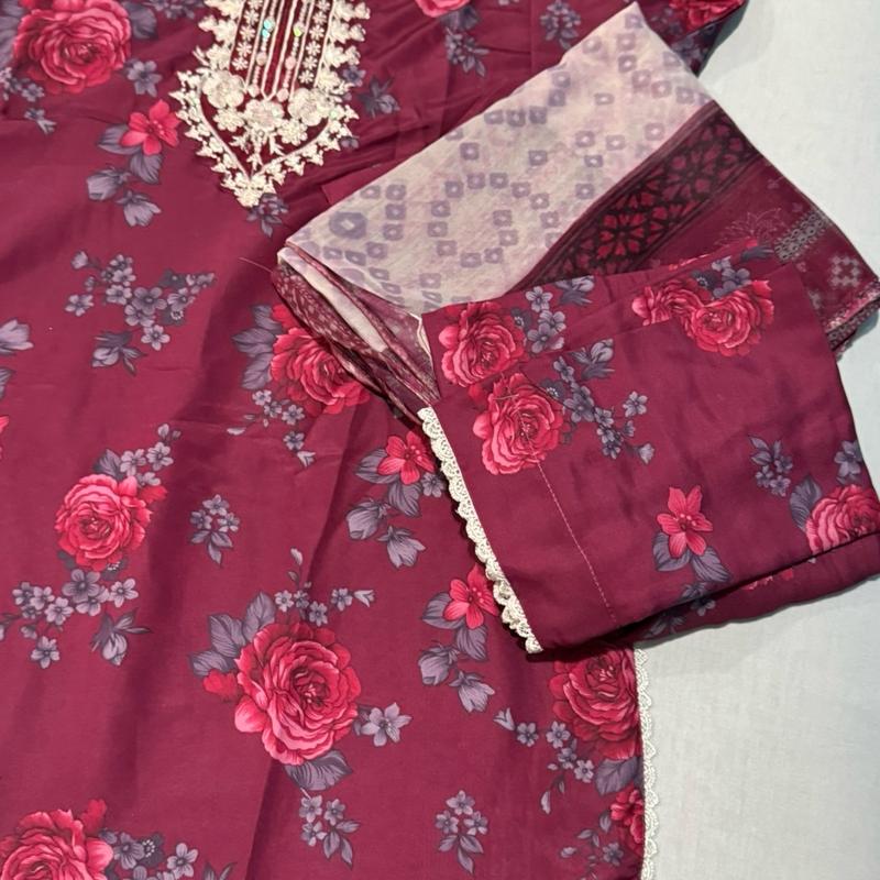 Pakistani Women's Lawn Suit with Chiffon Dupatta - 3 Piece Set - Traditional, Dress