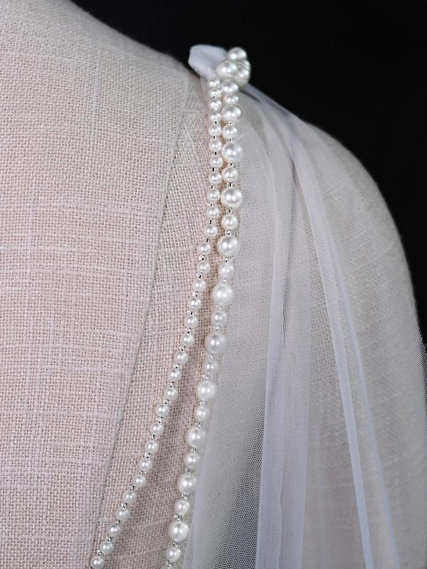 Faux Pearl Decor Contrast Mesh Wedding Jacket, Elegant Removable Backless Wedding Party Gown, Women's Wedding Dress Cover