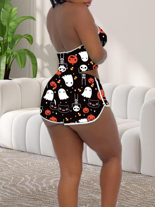 Women's Christmas Skeleton Print Contrast Binding Halter Neck Crop Top & Elastic Waist Shorts Loungewear Two-piece Set, Casual Comfy Halloween Themed Backless Top & Tie Front Shorts PJ Set, Ladies Sleepwear for Summer