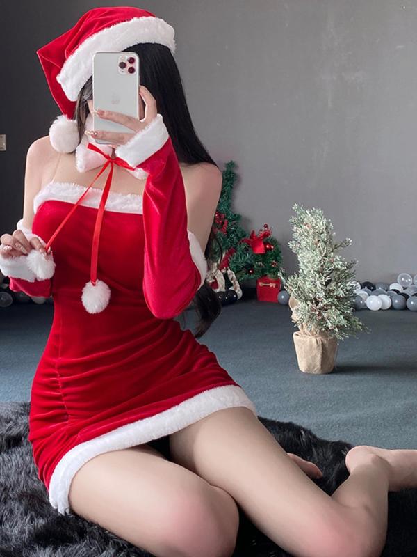 Women's Christmas Contrast Binding Pom Pom Decor Ruched Sexy Costumes Set, Cute Hat & Choker & Sleeves & Tube Dress, Women's Sexy Costume Set for Party Holiday