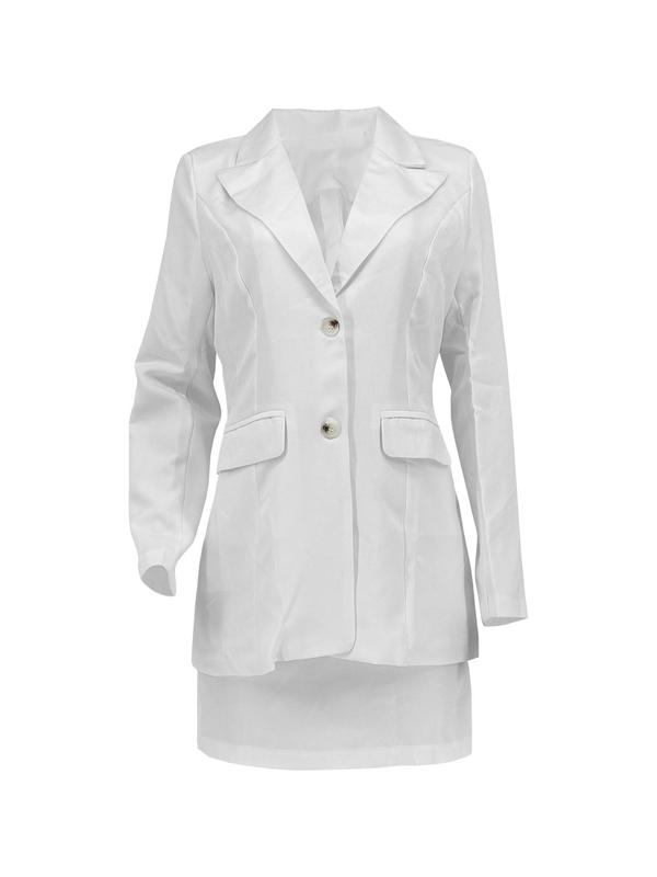 Women's Solid Button Front Blazer & Skirt Two-piece Set, Long Sleeve Outerwear & Short Dress, Casual Business Outfits for Work Office