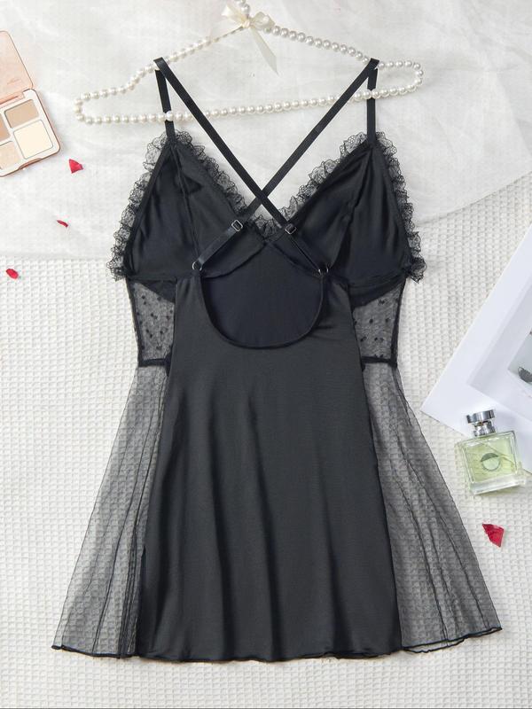 Women's Contrast Mesh Ruffle Trim Lettuce Trim Cami Nightdress, Criss Cross Backless Nightgown, Women's Sleepwear for Summer