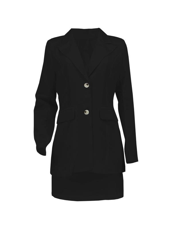 Women's Solid Button Front Blazer & Skirt Two-piece Set, Long Sleeve Outerwear & Short Dress, Casual Business Outfits for Work Office