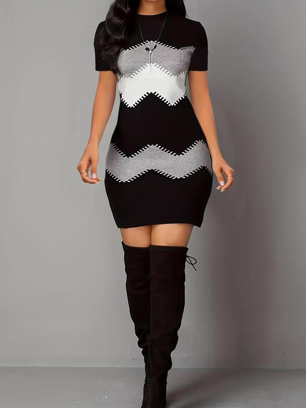 Women's Chevron Print Round Neck Bodycon Dress, Casual Short Sleeve Crew Neck Short Dress for Summer, Fashion Women's Dress for Daily Wear