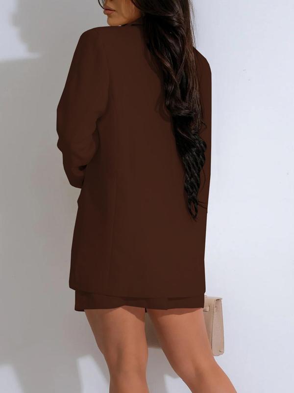Women's Solid Button Front Blazer & Skirt Two-piece Set, Long Sleeve Outerwear & Short Dress, Casual Business Outfits for Work Office