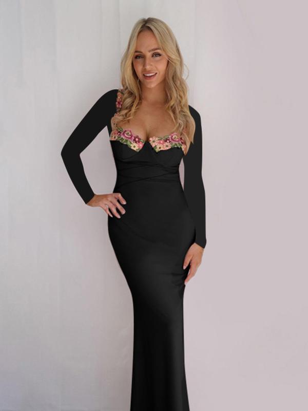 Women's Floral Appliques Bodycon Dress, Elegant Long Sleeve  Dress for Party Holiday Wedding Guest, Ladies Spring & Fall Clothes