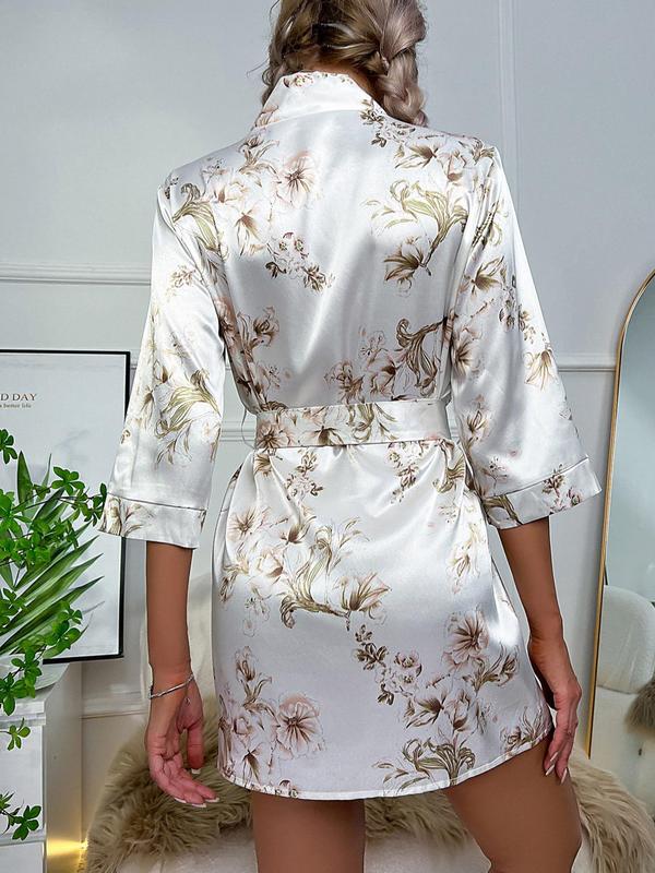 Women's Floral Print Belted Soft Satin PJ Robe, Summer Clothes Women, Elegant 3 4 Sleeve PJ Loungewear For Spring & Summer, Fashion Casual Women's Sleepwear For Indoor Wear