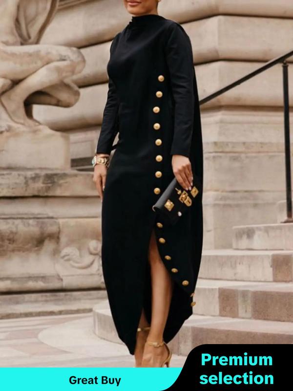 Women's Plain Fake Buttons Asymmetrical Hem Dress, Elegant Long Sleeve Mock Neck Long Dress for Spring & Fall, Women's Clothing for Daily Wear