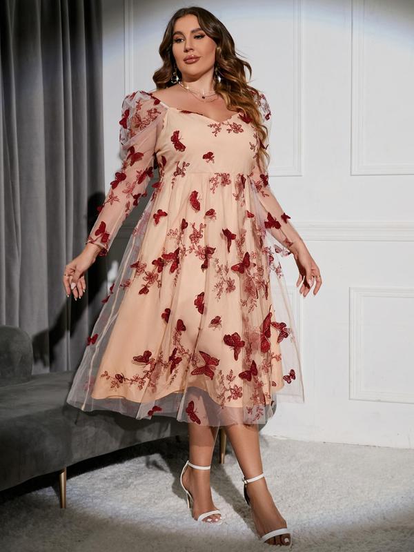 Plus Butterfly & Floral Print Backless Sweetheart Neck Tulle Dress, Elegant Leg-of-mutton Sleeve A Line Evening Party Gown, Women's Clothes For Spring & Summer