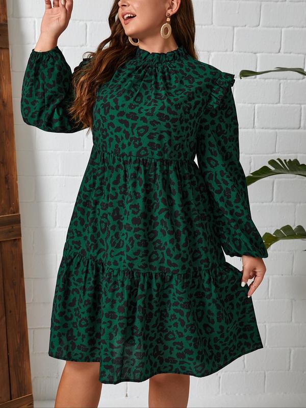  Leopard Print Bishop Sleeve Smock Dress, Elegant Long Sleeve Stand Collar Dress for Women, Women Clothing for Fall & Winter