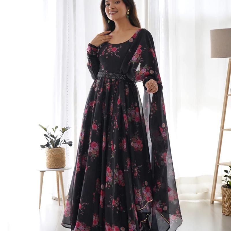 ANARKALI FABRIC PURE SOFT ORGANJA SILK FLORAL Print Organza Dress Suit Traditional Womenswear