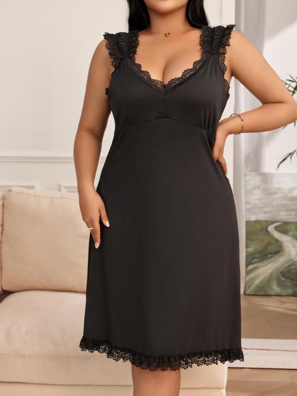  Contrast Lace Backless Split Hem Nightdress, Elegant V Neck Sleeveless Nightgown, Women's Sleepwear for All Seasons