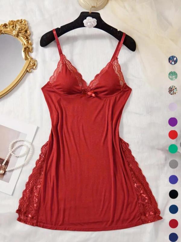 Women's Plain Lace Trim Cami Nightdress, Casual Soft Comfortable Spaghetti Strap Nightgown for All Seasons, Ladies Sleepwear for Indoor Wear