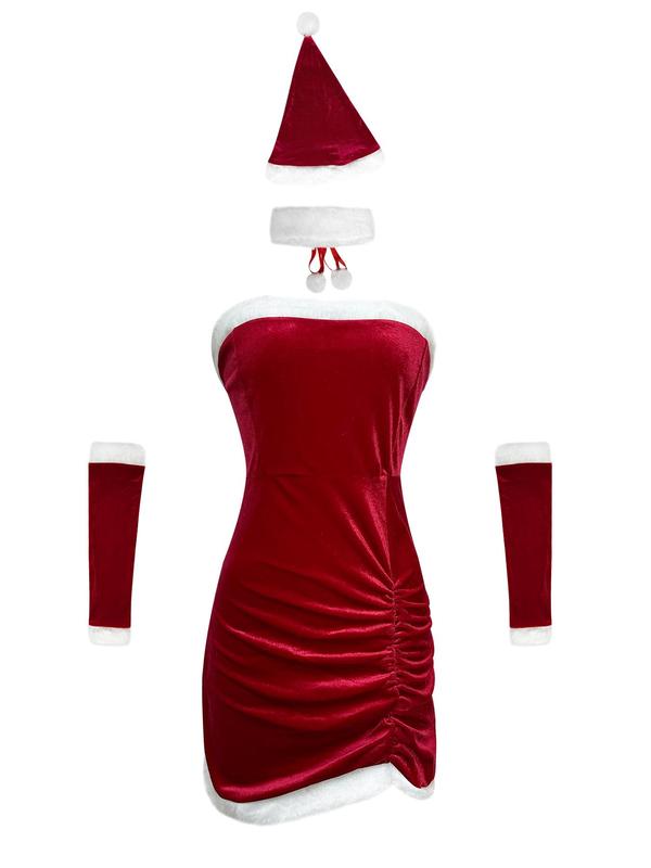 Women's Christmas Contrast Binding Pom Pom Decor Ruched Sexy Costumes Set, Cute Hat & Choker & Sleeves & Tube Dress, Women's Sexy Costume Set for Party Holiday