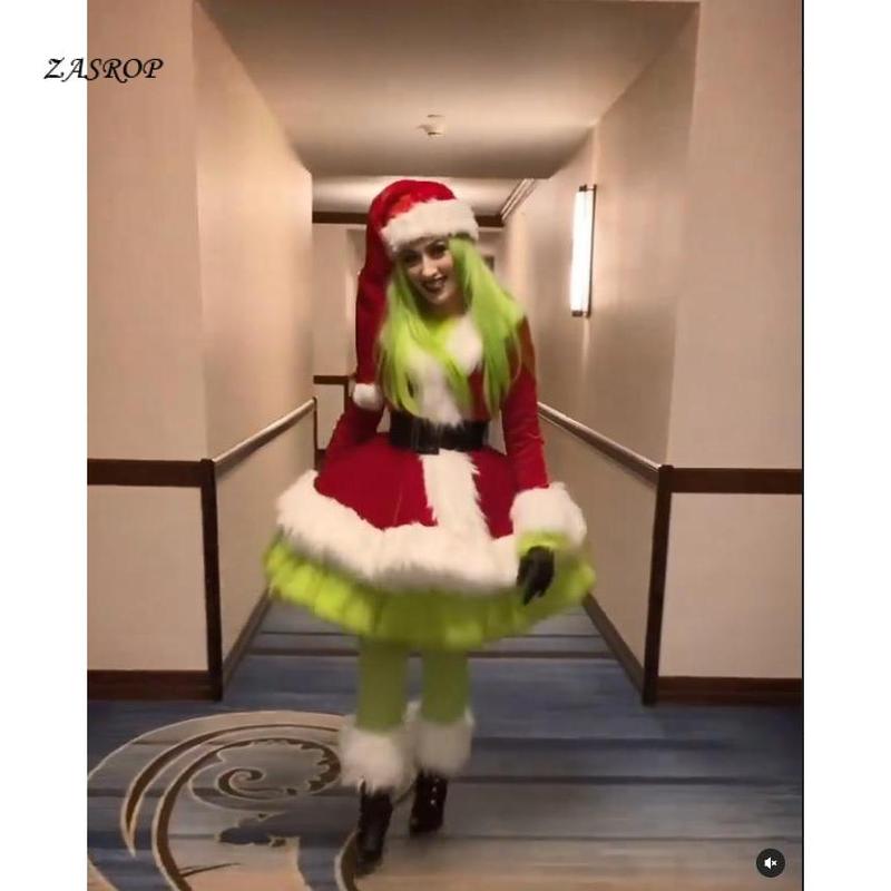 Women´s Christmas Green Monster Cosplay Costume Long Sleeve Santa Dress Belt Hat Sets Light Womenswear