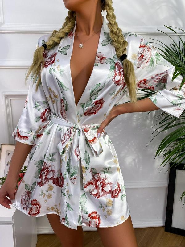 Women's Floral Print Belted Soft Satin PJ Robe, Summer Clothes Women, Elegant 3 4 Sleeve PJ Loungewear For Spring & Summer, Fashion Casual Women's Sleepwear For Indoor Wear