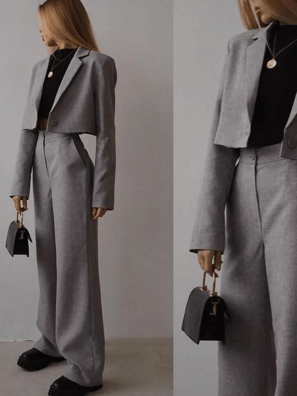 Women's Solid Lapel Neck Blazer & Pocket Pants Two-piece Set, Casual Long Sleeve Outerwear & Trousers for Work Office Business, Ladies Spring & Fall Clothes
