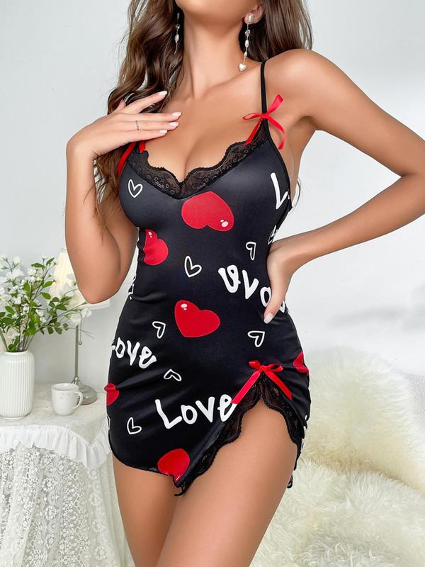 Women's Leopard Print Bow Decor Contrast Lace Cami Nightdress, Elegant Adjustable Spaghetti Strap Backless Split Hem Nightgown, Soft Comfortable Sleepwear for Women