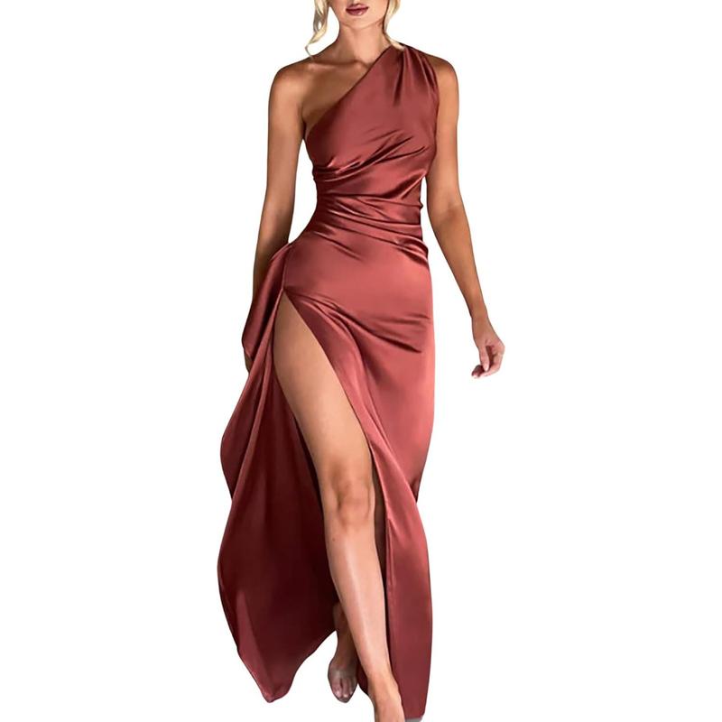Women's Sexy One Shoulder Satin Ruched High Split Maxi Dress for Cocktail Wedding Party