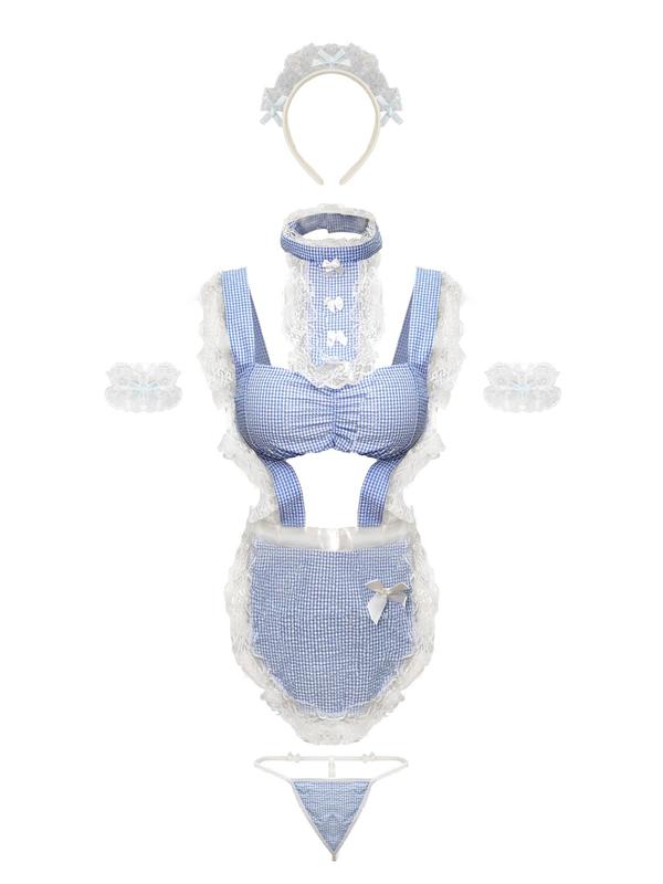 Women's Gingham Print Maid Cosplay Costume Set With Headband & Collar & Wristbands, Chic Contrast Lace Costume Dress & Thong & Accessories for Party