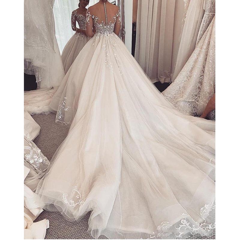 Princess Wedding Dress Lace Sleeves | Long Sleeves Illusion Lace