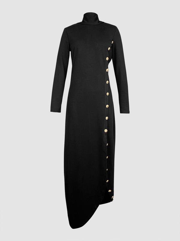 Women's Plain Fake Buttons Asymmetrical Hem Dress, Elegant Long Sleeve Mock Neck Long Dress for Spring & Fall, Women's Clothing for Daily Wear