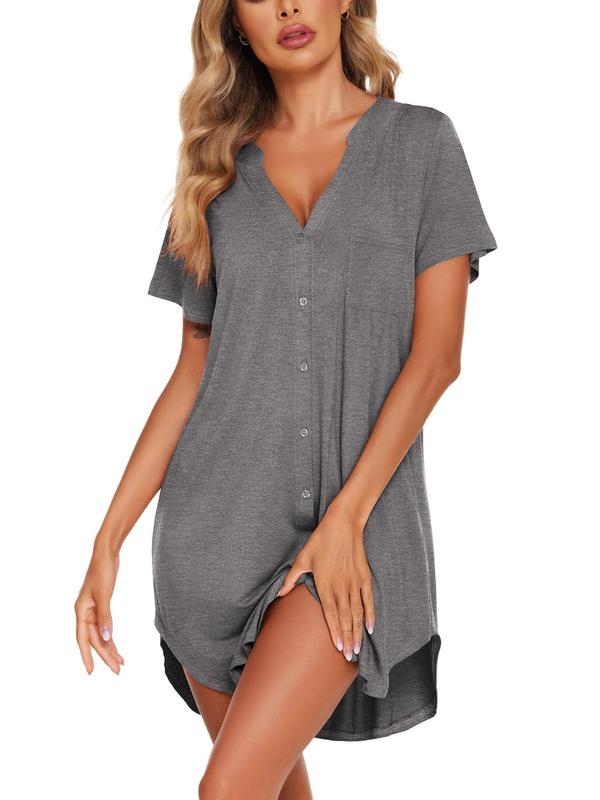 Women's Plain Button Pocket V Neck Nightdress, Casual Short Sleeve Nightgown for Summer, Soft Comfy Sleepwear for Women