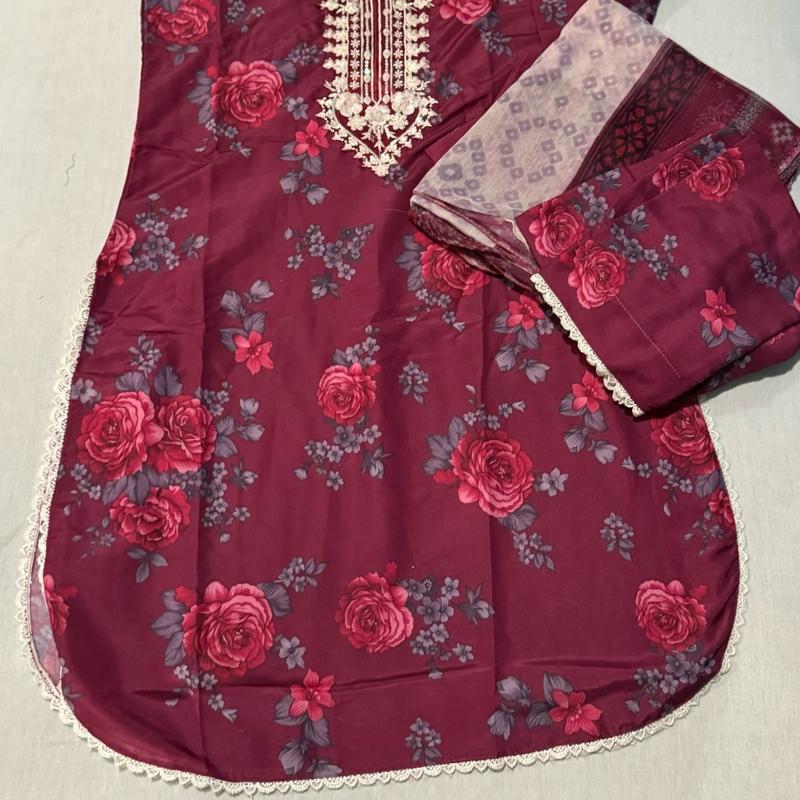 Pakistani Women's Lawn Suit with Chiffon Dupatta - 3 Piece Set - Traditional, Dress