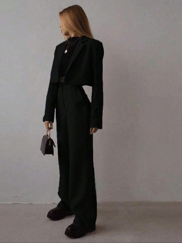 Women's Solid Lapel Neck Blazer & Pocket Pants Two-piece Set, Casual Long Sleeve Outerwear & Trousers for Work Office Business, Ladies Spring & Fall Clothes