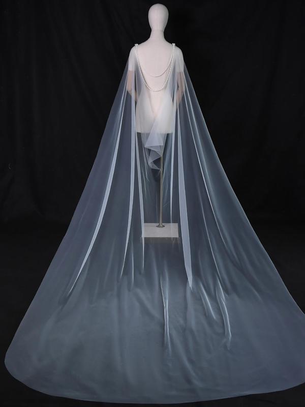 Faux Pearl Decor Contrast Mesh Wedding Jacket, Elegant Removable Backless Wedding Party Gown, Women's Wedding Dress Cover