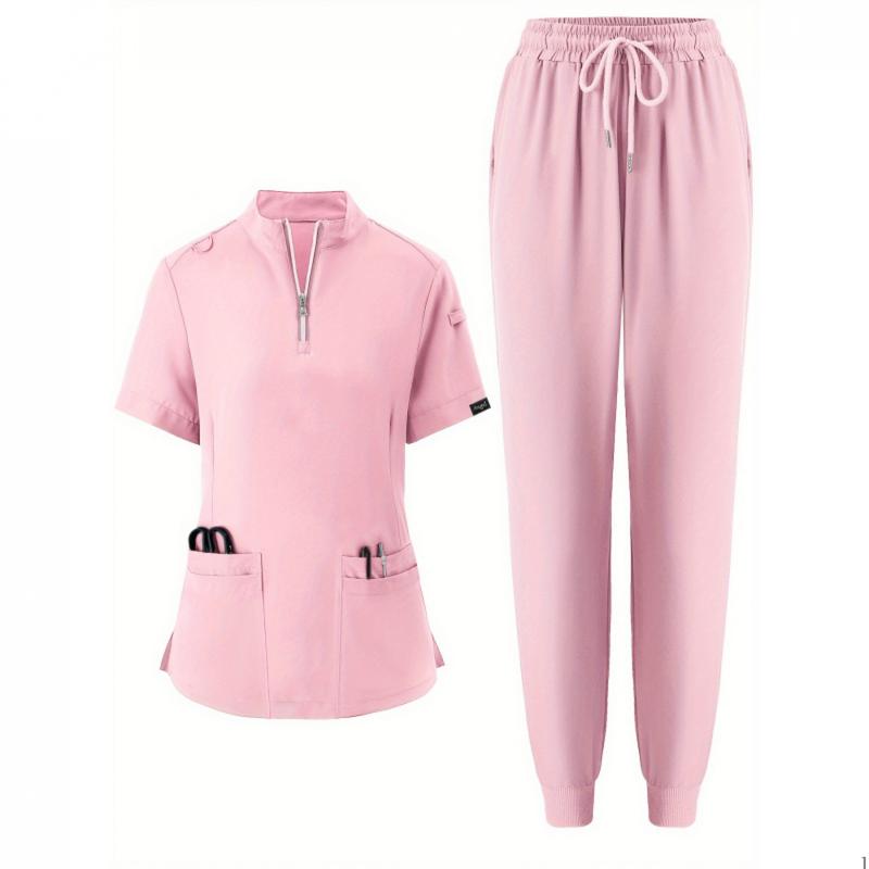 two-piece Elegant Two-Piece Scrub Set for Women: Short Sleeve Top & Drawstring Pants for  & Healthcare Professionals