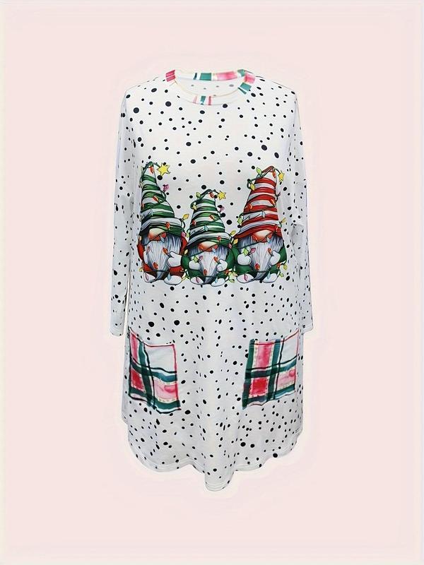  Christmas Print Pocket Round Neck Dress, Casual Long Sleeve Crew Neck Dress for Fall & Winter, Women's Clothes for Daily Wear