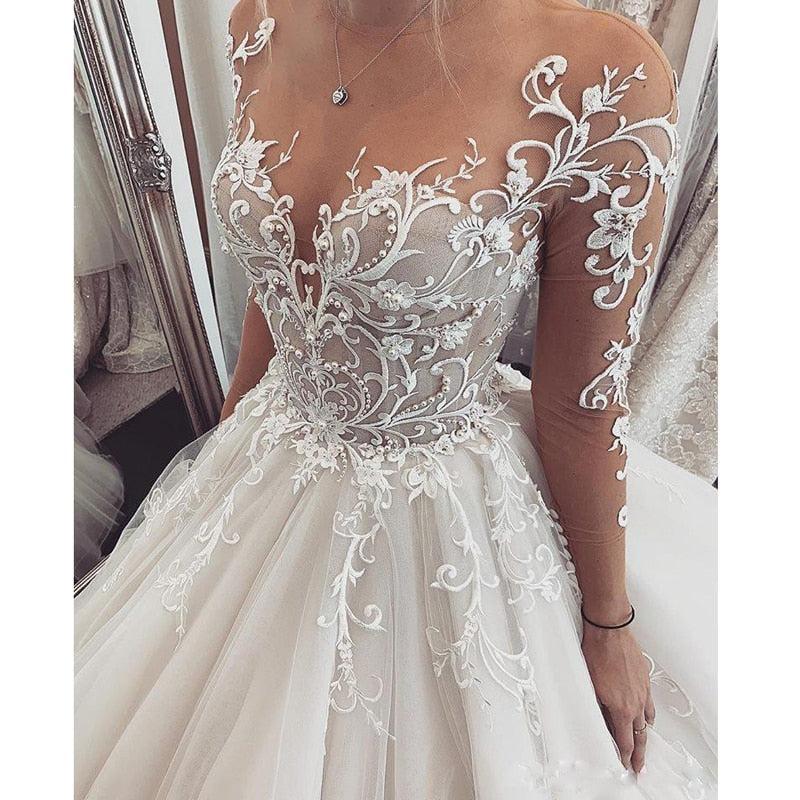 Princess Wedding Dress Lace Sleeves | Long Sleeves Illusion Lace