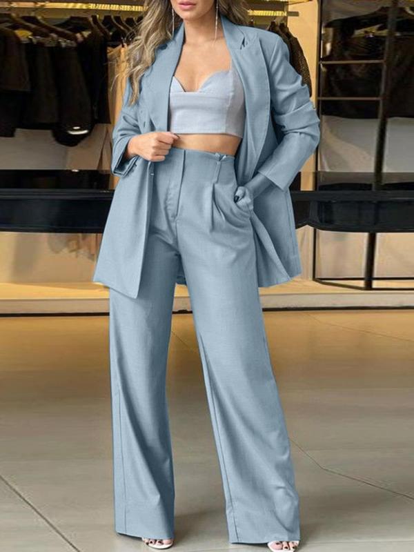 Two-piece Set Women's Solid Double Button Lapel Neck Blazer & Plicated Pants, Long Sleeve Outerwear & Trousers for Work Office Business, Ladies Fall & Winter Clothes, Minimalist Womenswear
