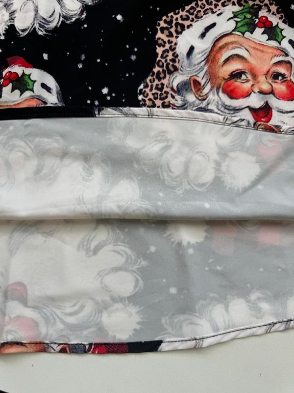 Women's Christmas Santa Claus Patchwork Print Bow Decor Scallop Trim A Line Dress, Casual V Neck Zipper Long Sleeve Dress for Party Holiday, Ladies Spring & Fall Clothes
