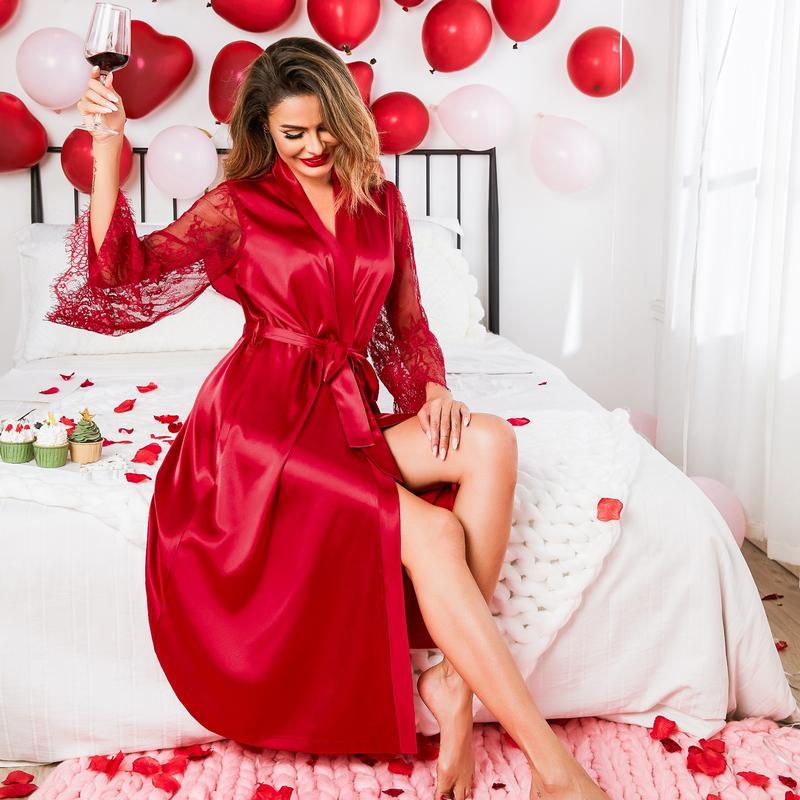 Avidlove Women's Floral Lace Kimono Robe Long Sleeves Dressing Gown Bathrobe Bride Robe Nightwear Satin Womenswear