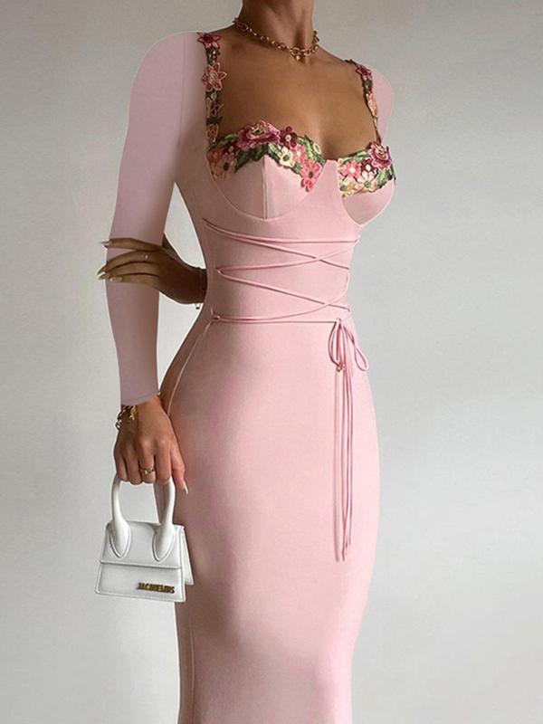 Women's Floral Appliques Bodycon Dress, Elegant Long Sleeve  Dress for Party Holiday Wedding Guest, Ladies Spring & Fall Clothes