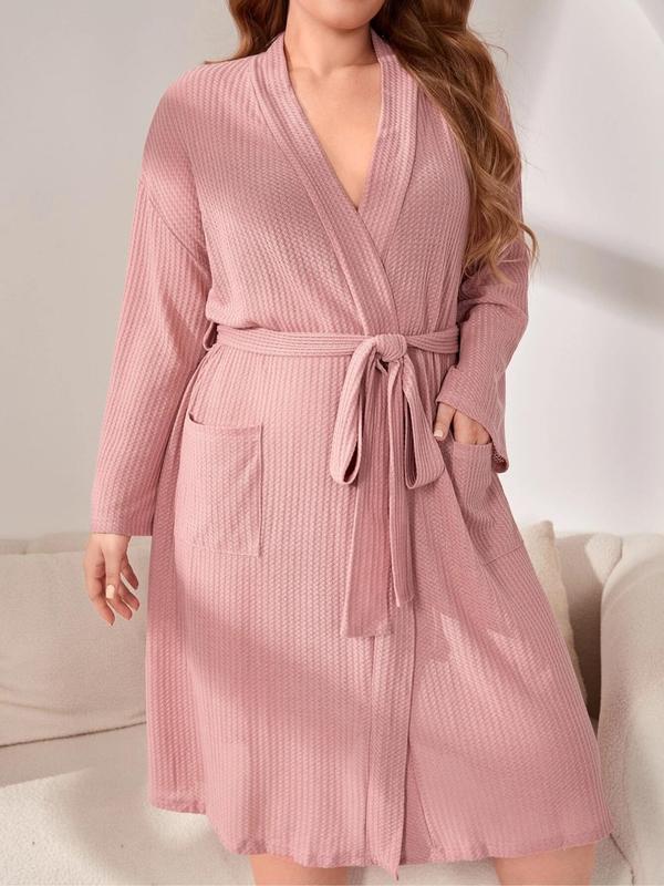  1 Piece Plain Textured Drop Shoulder Long Sleeve Belted Wrap Lounge Robe, Girly Night Clothes, Casual V Neck Pocket Pajama Robe, Women's Sleepwear for All Seasons