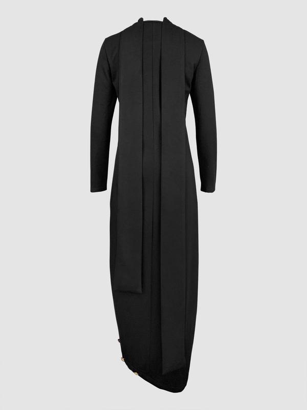 Women's Plain Fake Buttons Asymmetrical Hem Dress, Elegant Long Sleeve Mock Neck Long Dress for Spring & Fall, Women's Clothing for Daily Wear