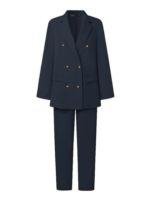 Two-Piece Set Women's Plain Double Button Lapel Blazer & Elastic Waist Suit Pants Set, Elegant Fashion Casual Outfits for Work Office Business, Ladies Fall & Winter Clothes
