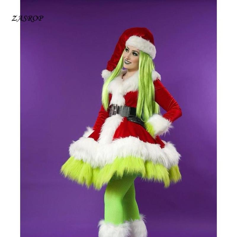 Women´s Christmas Green Monster Cosplay Costume Long Sleeve Santa Dress Belt Hat Sets Light Womenswear