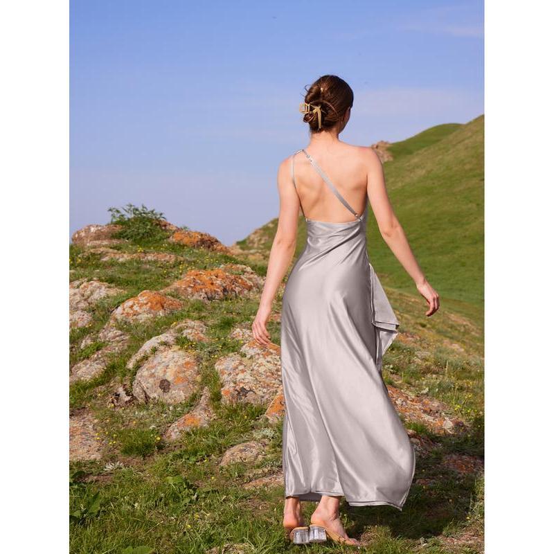 Women's Sexy One Shoulder Satin High Split Cocktail Fit Wedding Party Maxi Formal Dress