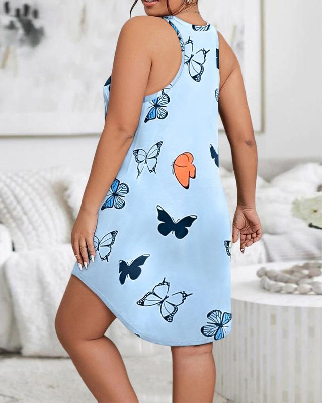 Plus Size Butterfly Print Sleeveless Sleep Dress