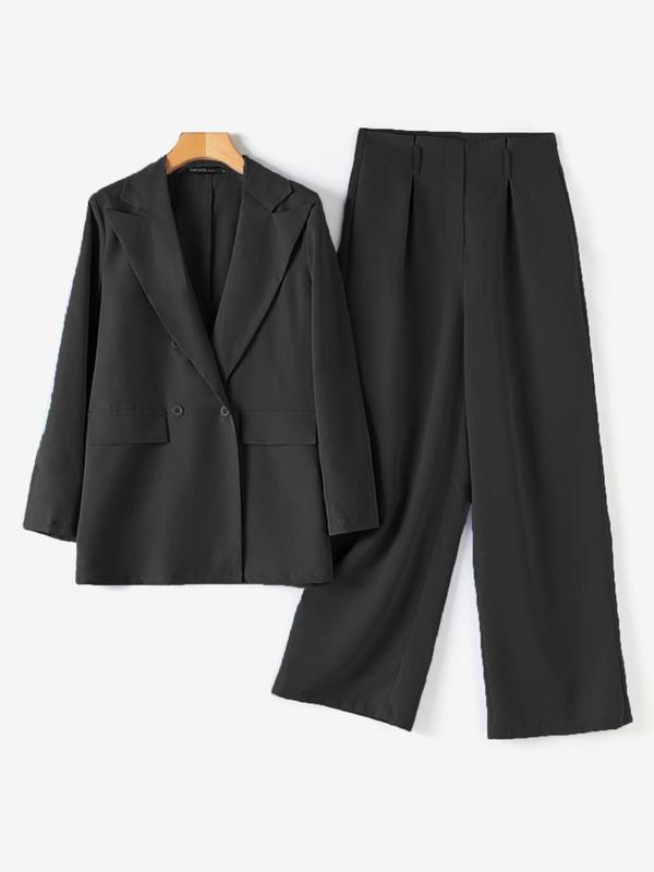 Two-piece Set Women's Solid Double Button Lapel Neck Blazer & Plicated Pants, Long Sleeve Outerwear & Trousers for Work Office Business, Ladies Fall & Winter Clothes, Minimalist Womenswear