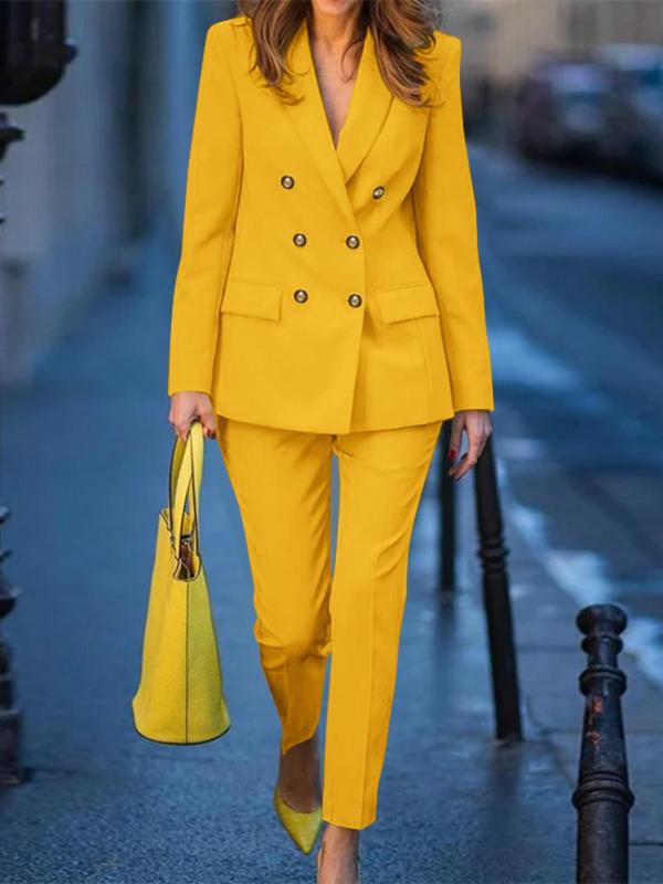 Two-Piece Set Women's Plain Double Button Lapel Blazer & Elastic Waist Suit Pants Set, Elegant Fashion Casual Outfits for Work Office Business, Ladies Fall & Winter Clothes