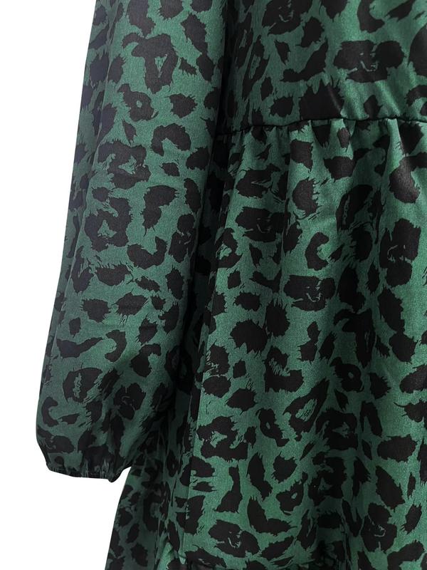  Leopard Print Bishop Sleeve Smock Dress, Elegant Long Sleeve Stand Collar Dress for Women, Women Clothing for Fall & Winter