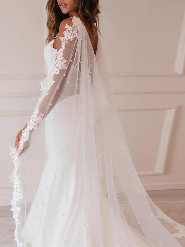 Faux Pearl Decorated Wedding Jacket, Elegant Lace Trim Long Sleeve Wedding Jacket for Women & Girls, Wedding Party Gown Cover Up