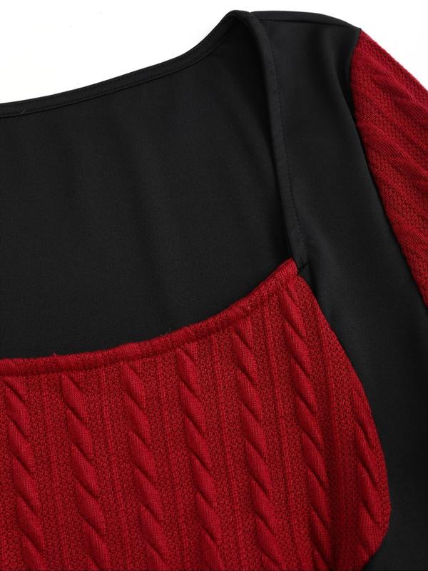  Colorblock Scoop Neck Ribbed Sweater Dress, Casual Long Sleeve Dress for Fall & Winter, Women's Clothes for Daily Wear