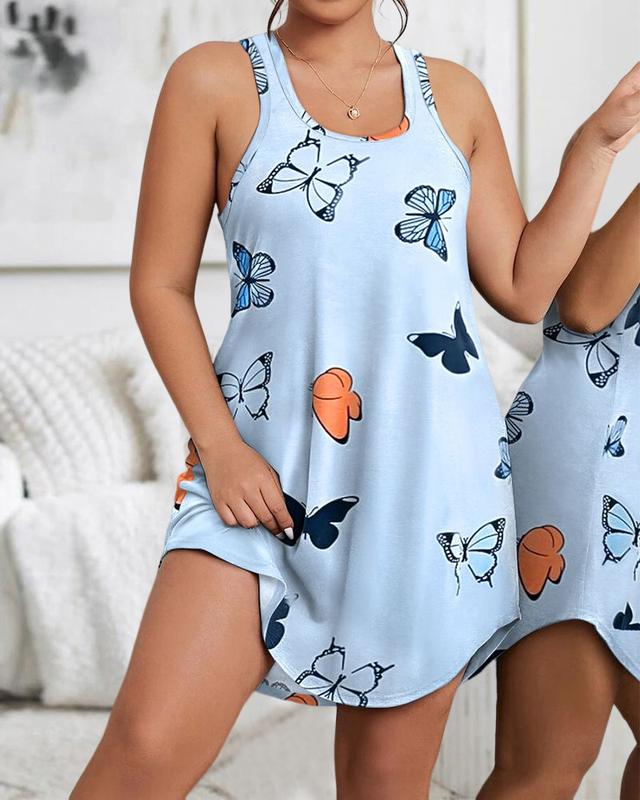 Plus Size Butterfly Print Sleeveless Sleep Dress